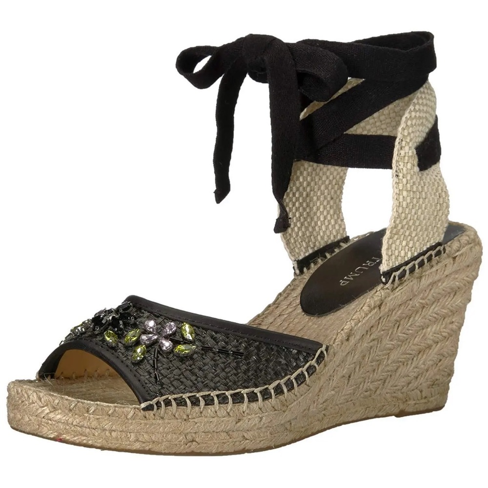 IVANKA TRUMP DALYNA OPEN TOE ESPADRILLE BLACK RHINESTONES LEATHER UPPER SIZE 9.5